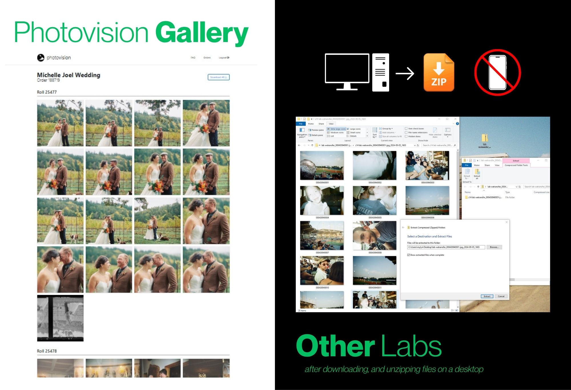 Film scan delivery comparison showing cluttered file system versus clean gallery experience
