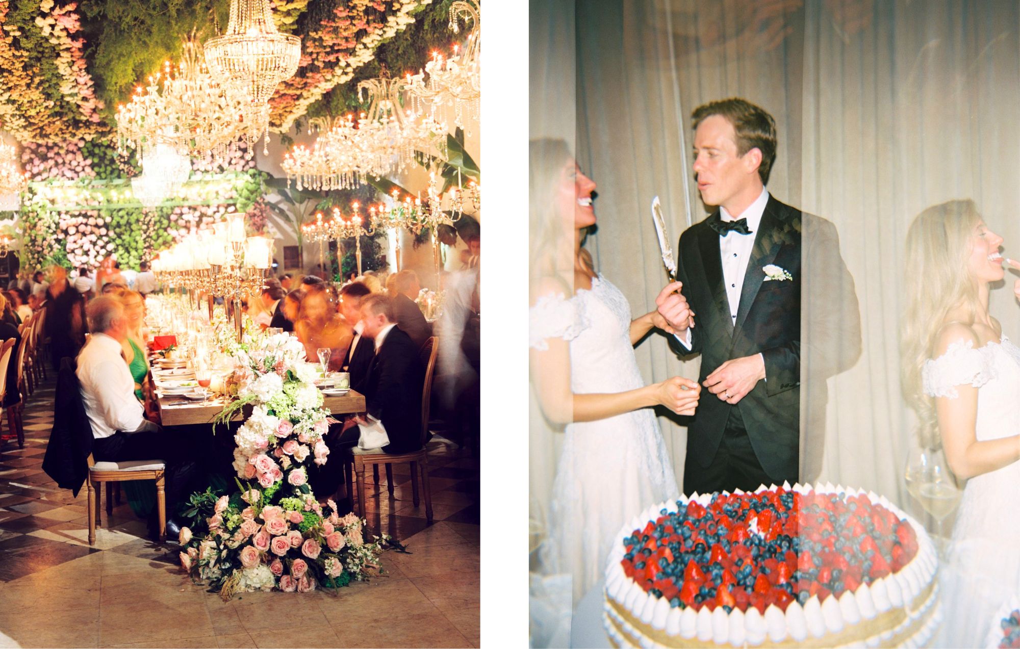 bride and groom cutting their wedding cake shot on a holga film camera
