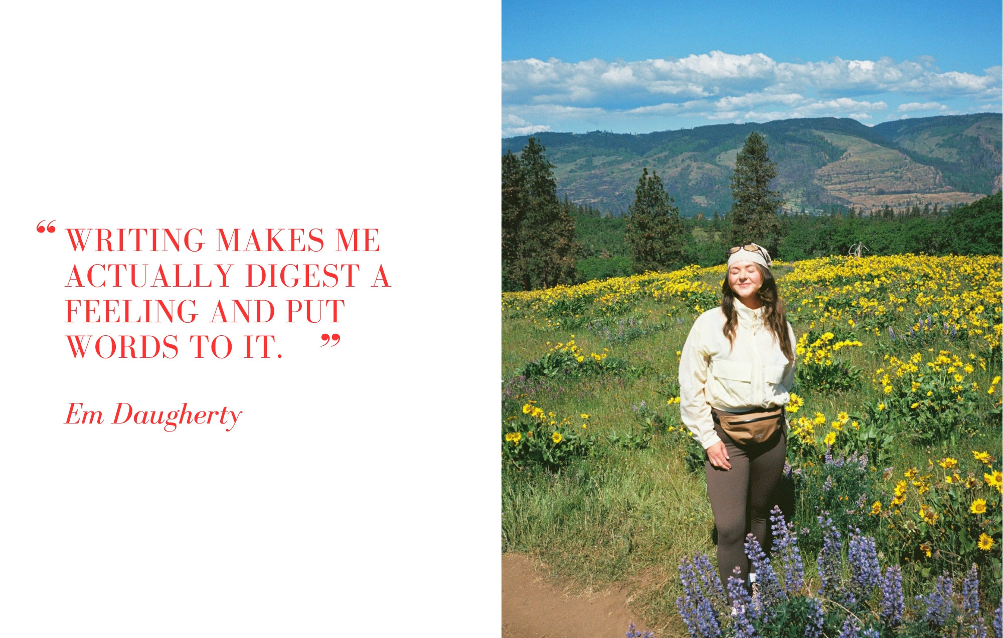 Em Daugherty in a wildflower field alongside her quote about writing, creativity and processing experiences