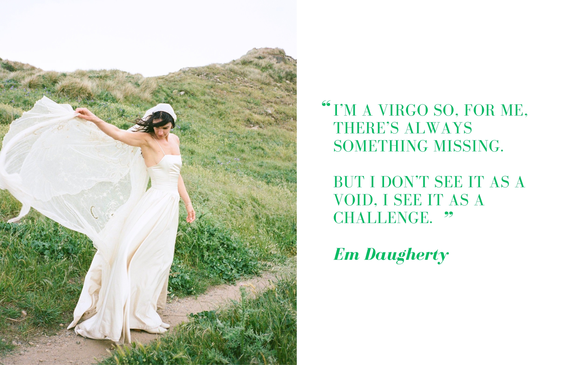 Bride photographed on film alongside Em Daugherty's quote about embracing what's missing as a creative challenge.