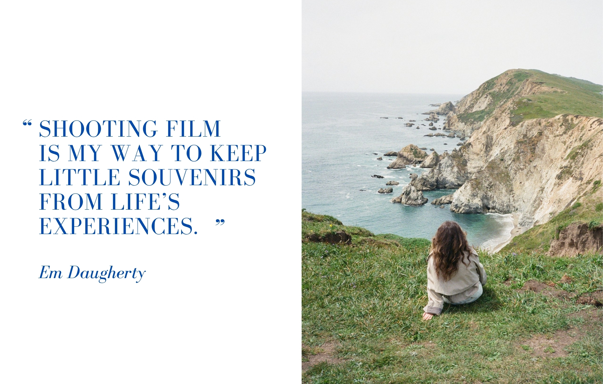 35mm film photography on the Oregon coast with Em Daugherty's quote about film photos as souvenirs from life's experiences.