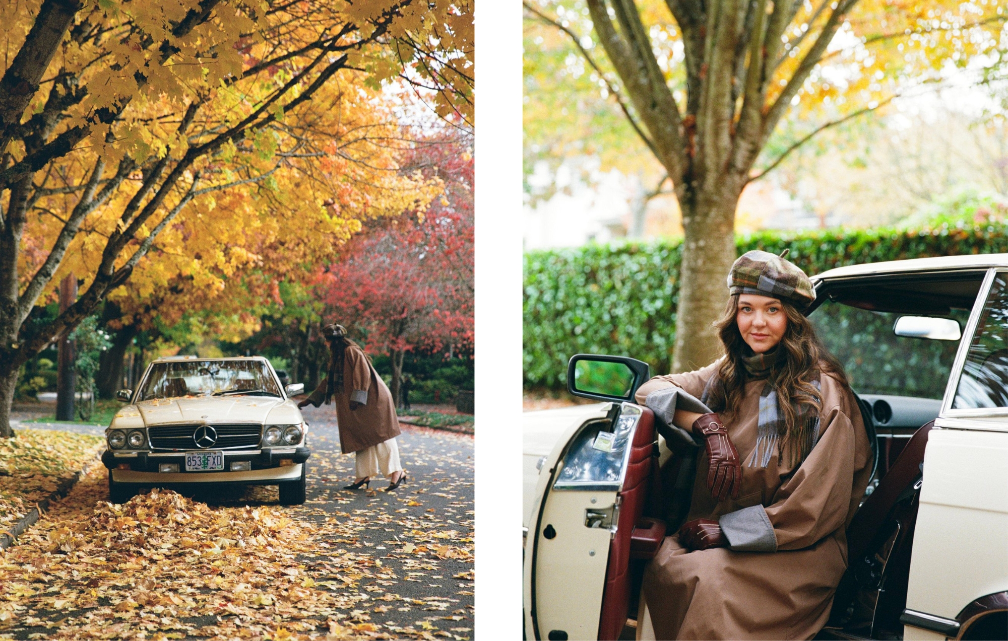 35mm film photography styled by Em Daugherty featuring a vintage Mercedes beneath Portland's fall foliage.