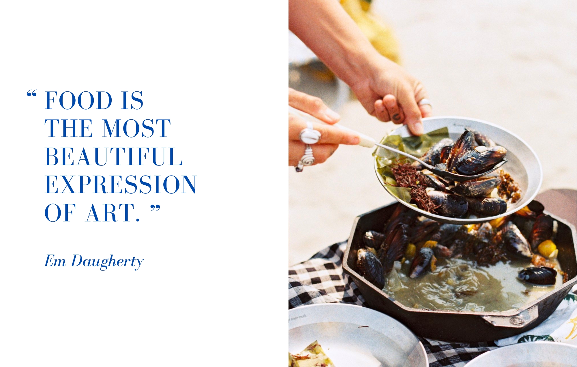 35mm film photograph of mussels alongside Foodie Snitch Em Daugherty's quote about food as artistic expression.