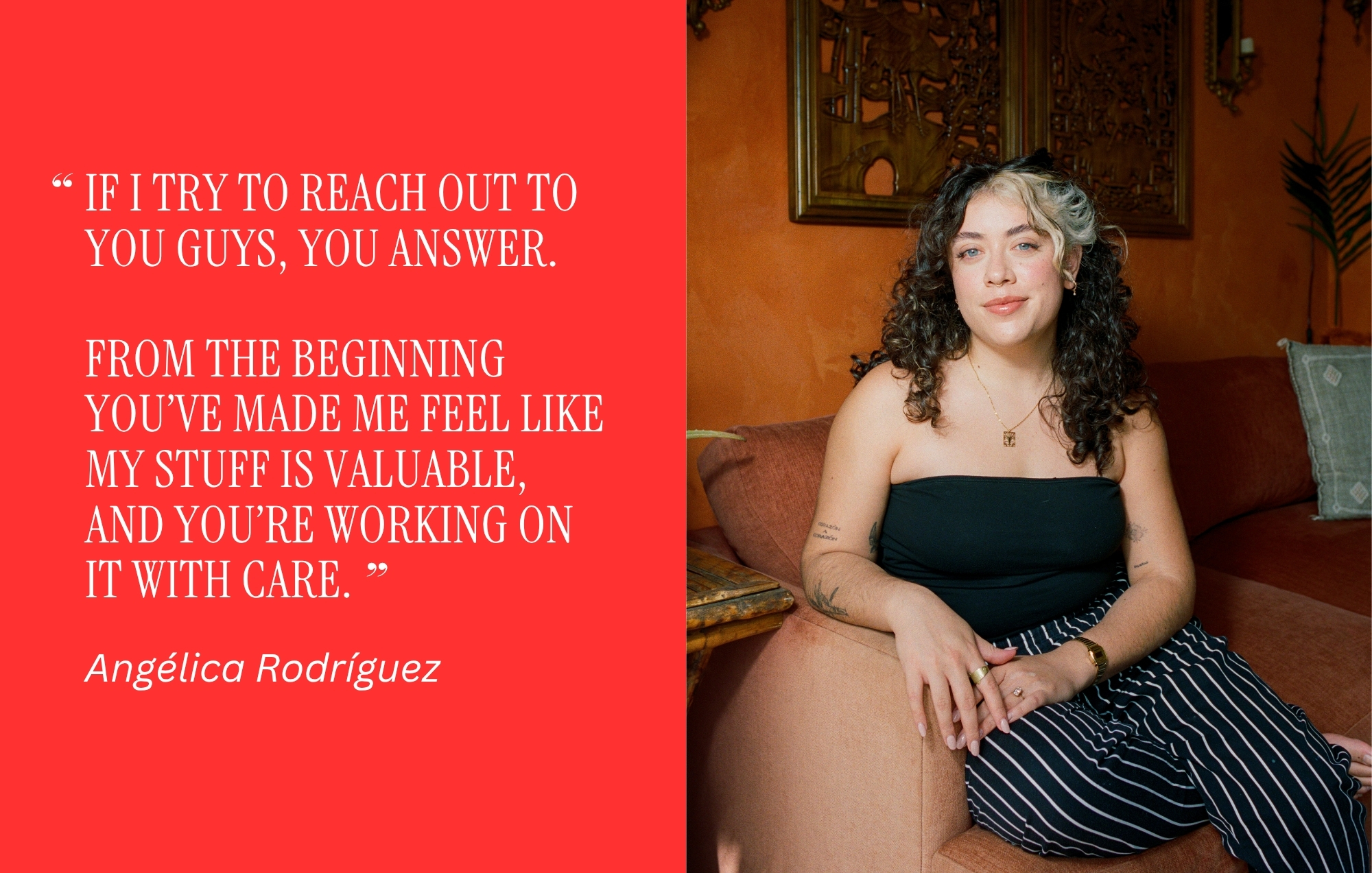 Portrait of Casa Briro photographer Angelica Rodriguez beside her quote about feeling valued and supported by PhotoVision film lab.