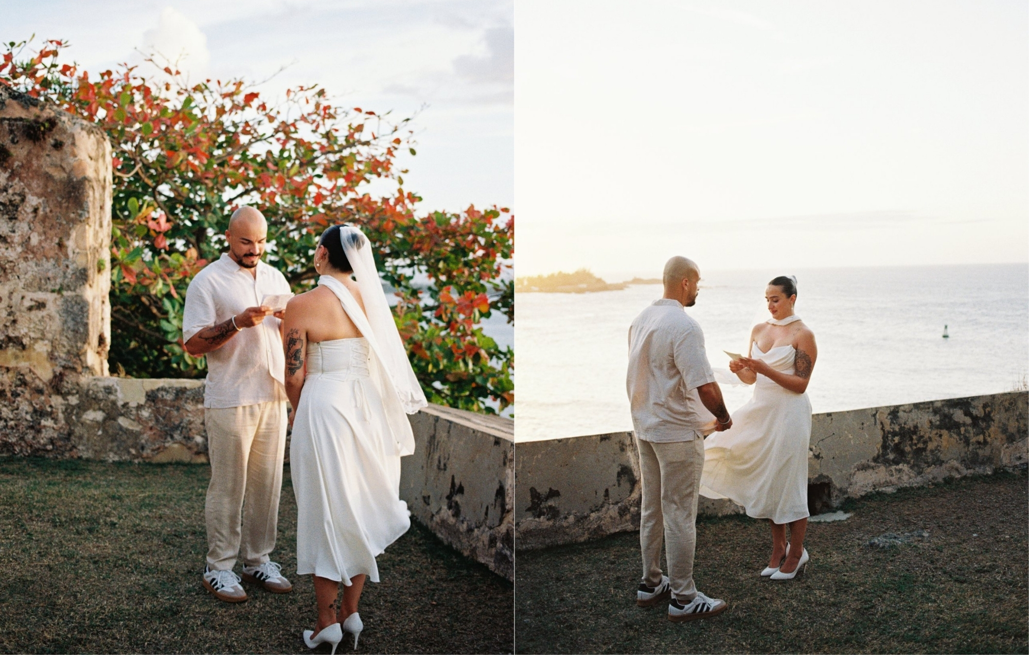 Wedding couple exchanging vows beside flowering vines and standing together overlooking the ocean.