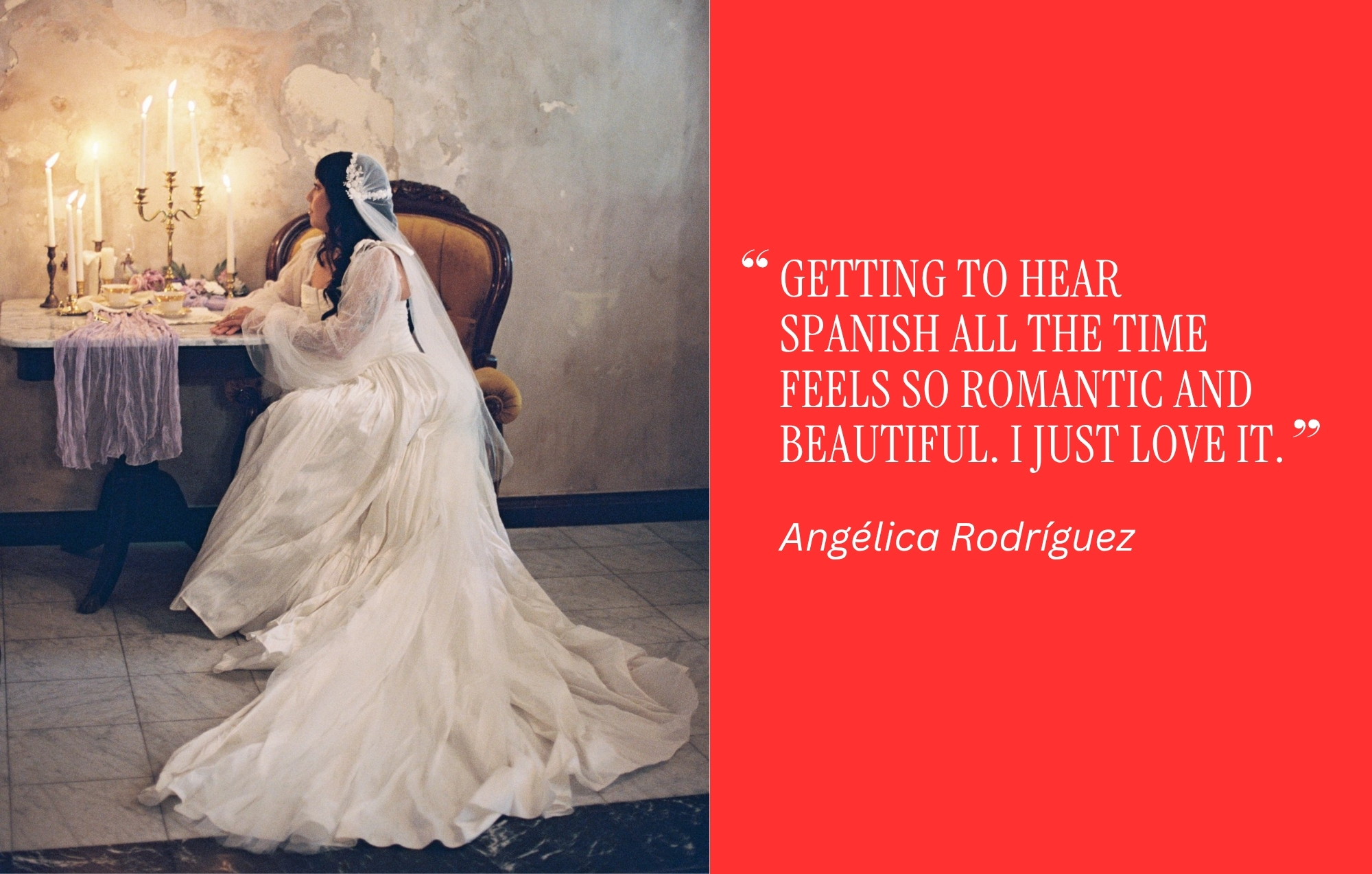 Bride seated beside a candlelit table, paired with Angelica’s quote about the romance of hearing Spanish throughout the day.