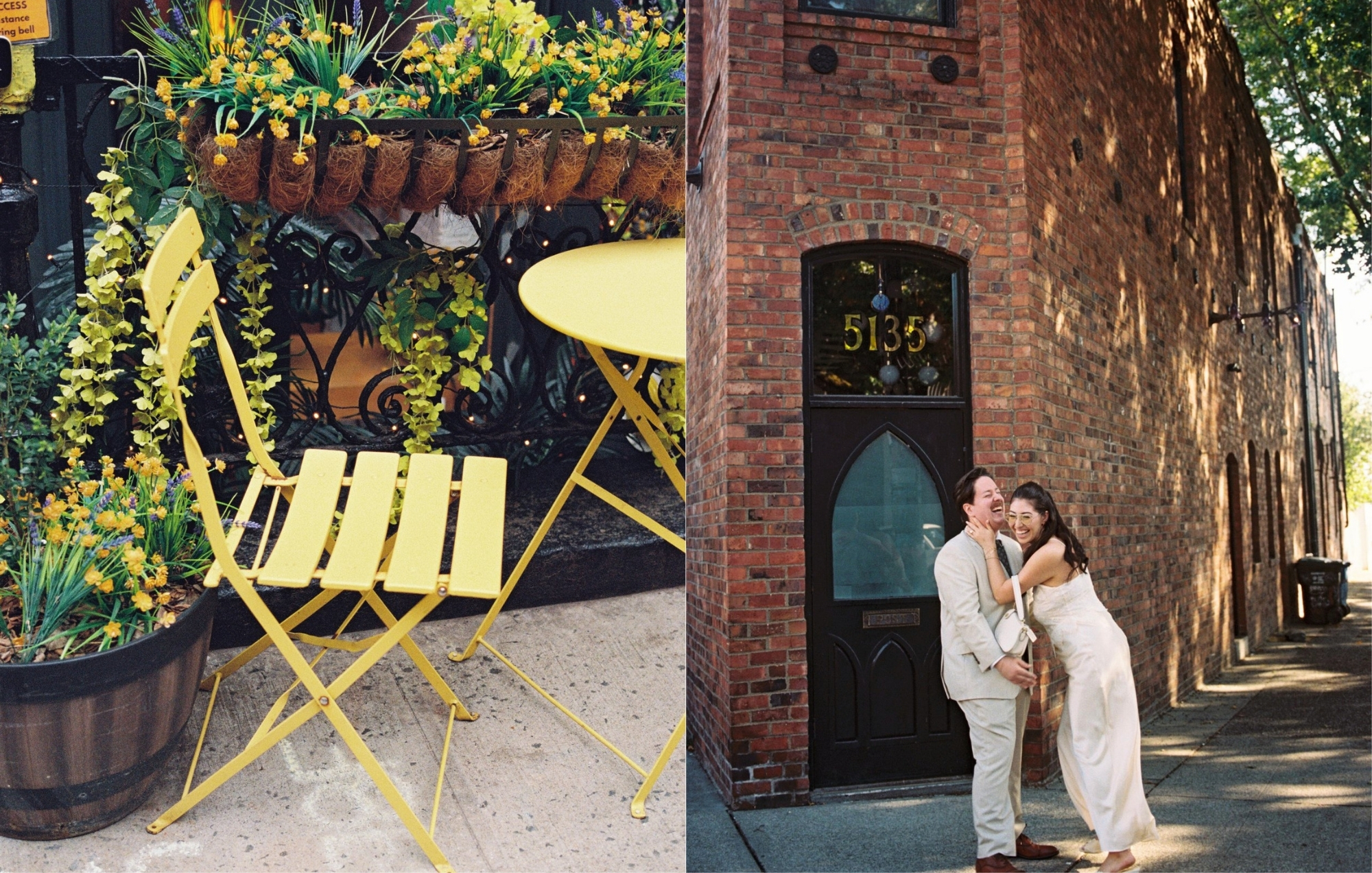 wedding couple embracing outside a brick building.
