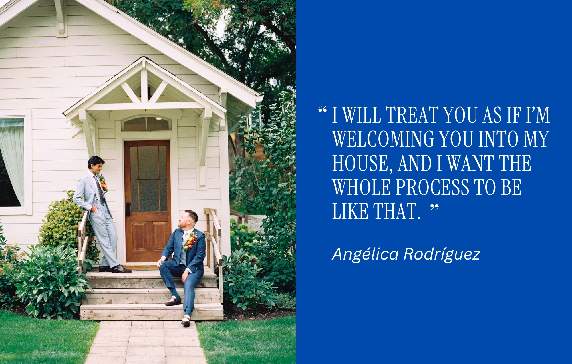 two grooms sit porch side on their wedding day