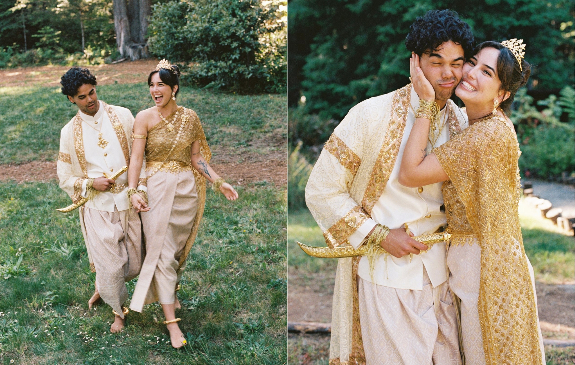 asian couple in gold and cream wedding attire walking through a garden and sharing a kiss on the cheek